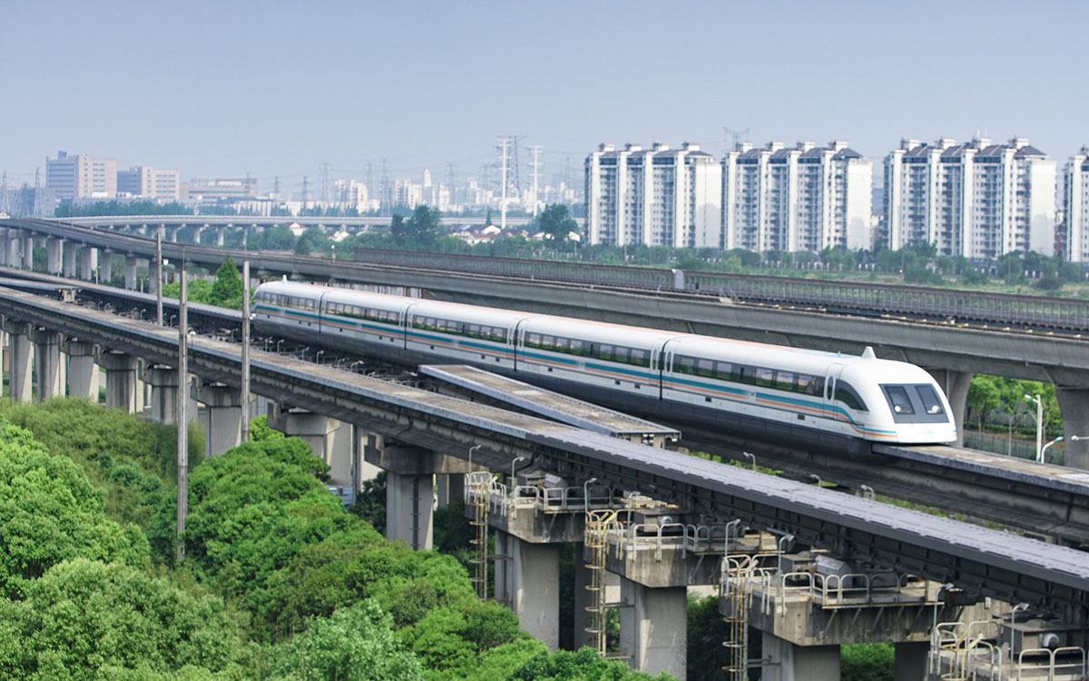 Shanghai magnetic levitation (maglev) train departure for Pudong airport.This train link Pudong international airport with Shanghai downtown area.