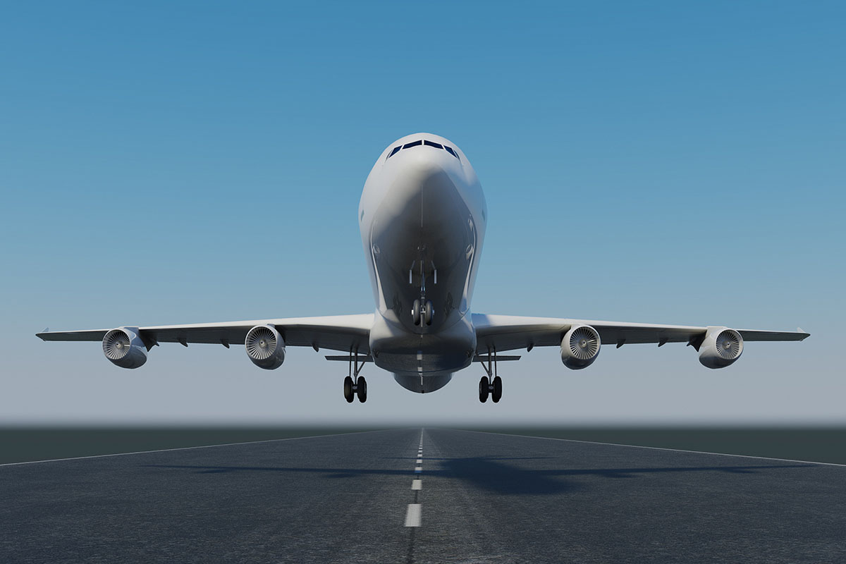 A Jumbo jet taking off or landing. High resolution 3D render.