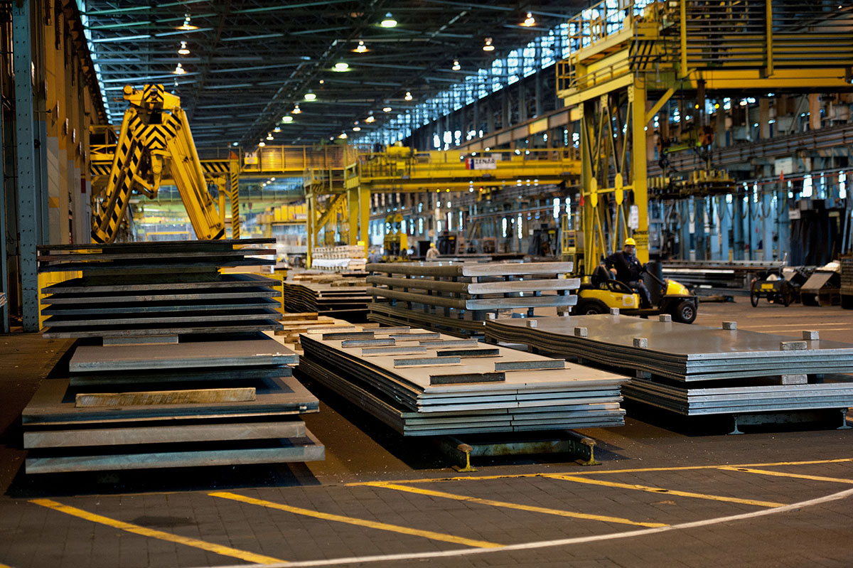 Slabs of aluminum sit on the production floor of the Alcoa Inc. Davenport Works facility in Riverdale, Iowa, U.S., on Tuesday, July 29, 2014. Treasury Secretary Jacob Lew, while speaking to reporters today, said U.S. sanctions are designed to maximize the economic pain on Russia while minimizing the effects elsewhere. Photographer: Daniel Acker/Bloomberg via Getty Images